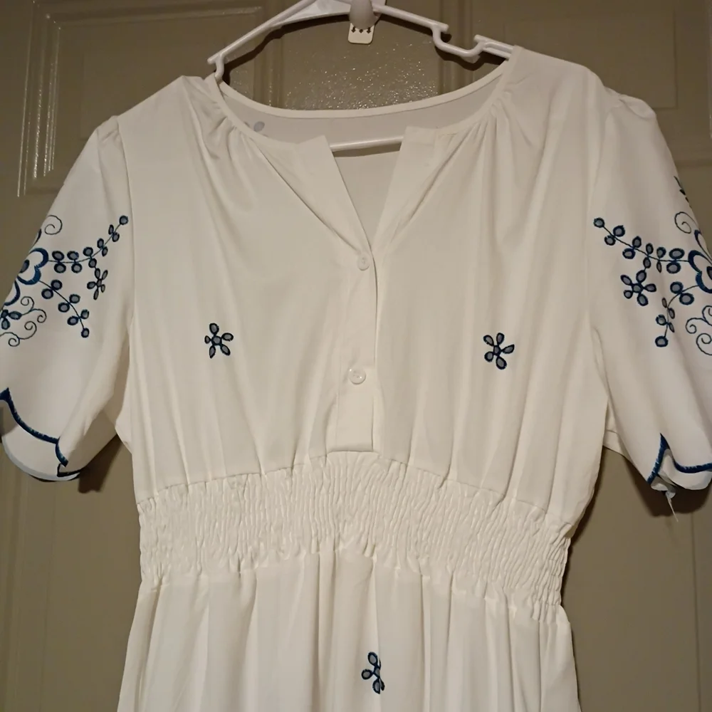 Anthropologie Elegant White and Blue Embroidered Dress Size L - Picture 5 of 10